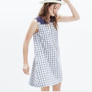 Madewell embroidered navy plaid Sunray linen sleeveless shirt dress size Medium